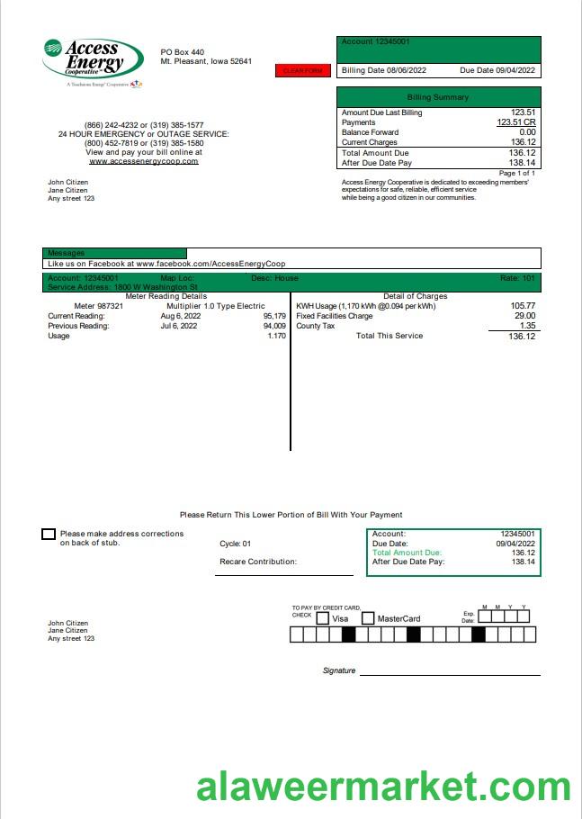 USA Iowa Access Energy Cooperative utility bill template in Word and PDF format